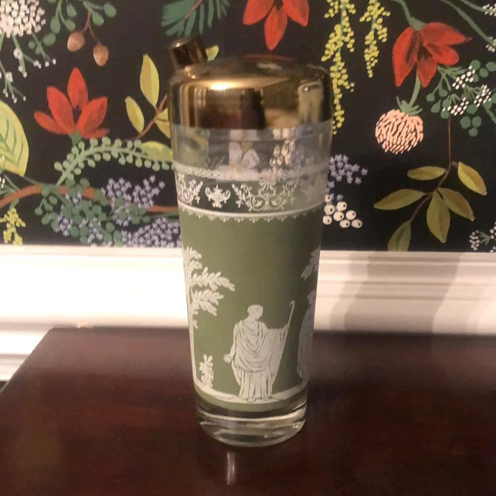 Vintage Sage Green & Gold Greek Scene Glass Cocktail Shaker